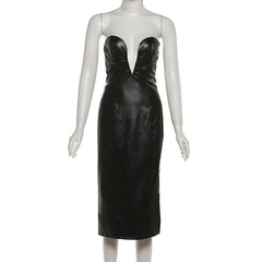 PU leather v neck low cut midi dress