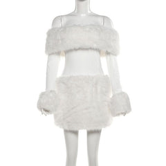 Off shoulder long sleeve fluffy mini dress