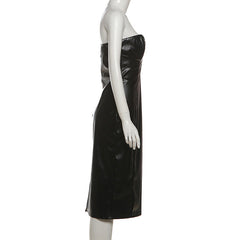 PU leather v neck low cut midi dress