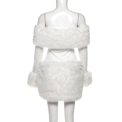 Off shoulder long sleeve fluffy mini dress