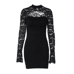 Long sleeve lace hollow out button cut out mini dress