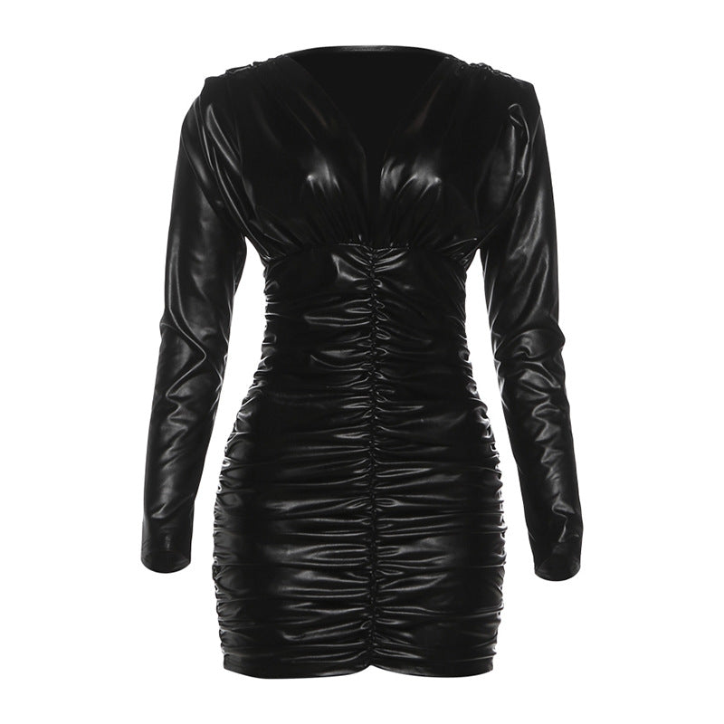 Long sleeve ruched v neck PU leather mini dress