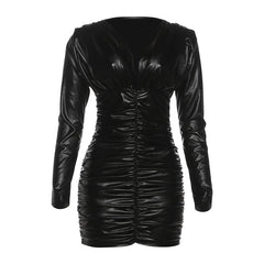 Long sleeve ruched v neck PU leather mini dress