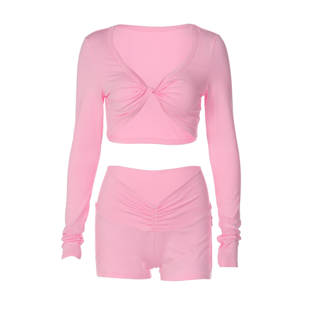 Long sleeve ruched v neck solid short pant set