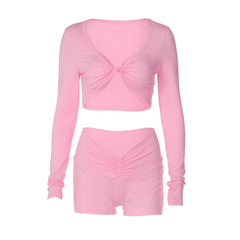 Long sleeve ruched v neck solid short pant set