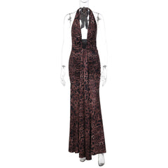 Halter self tie leopard print ruched backless maxi dress