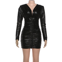 Long sleeve ruched v neck PU leather mini dress