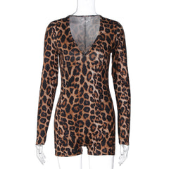 Leopard print v neck long sleeve romper