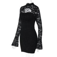 Long sleeve lace hollow out button cut out mini dress