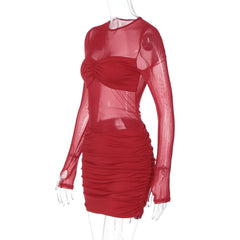Long sleeve crewneck mesh ruched mini dress