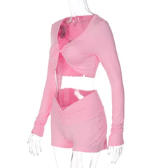Long sleeve ruched v neck solid short pant set
