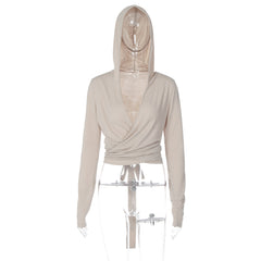 Hoodie long sleeve knotted v neck low cut top