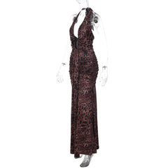 Halter self tie leopard print ruched backless maxi dress