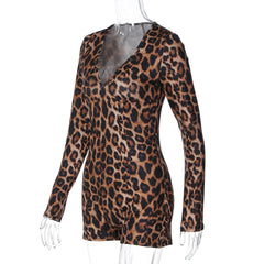 Leopard print v neck long sleeve romper