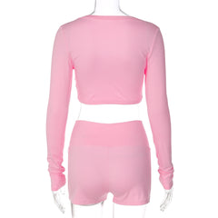 Long sleeve ruched v neck solid short pant set