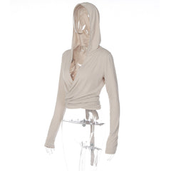 Hoodie long sleeve knotted v neck low cut top