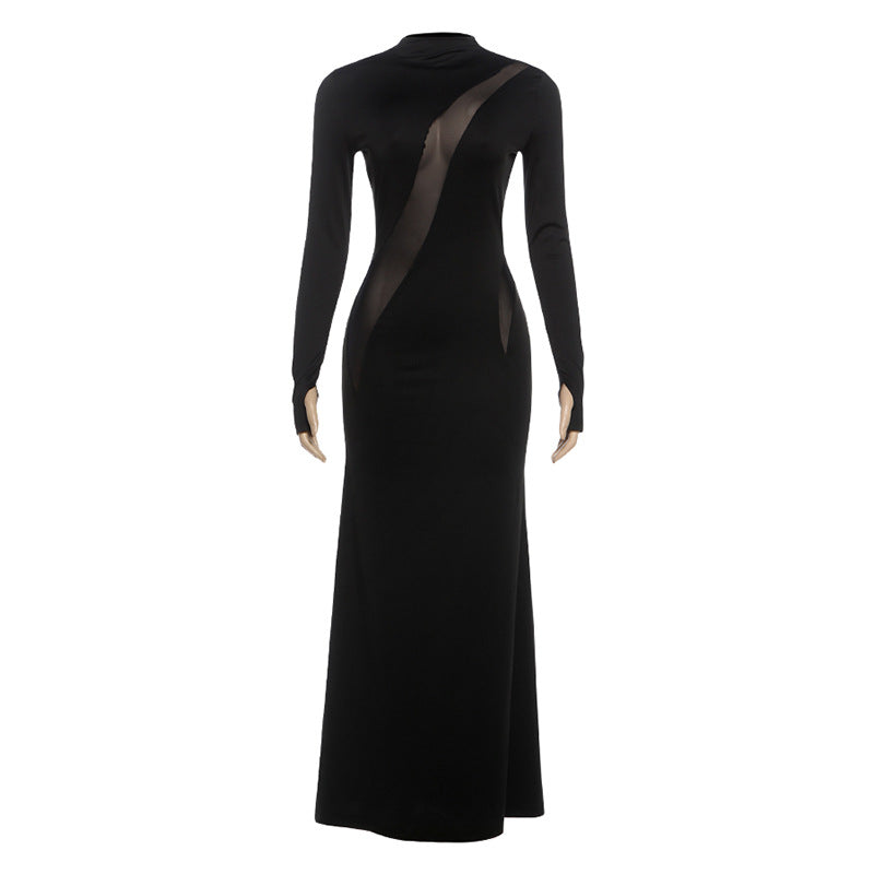 High neck long sleeve mesh patchwork maxi dress