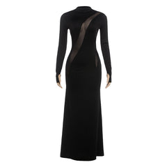 High neck long sleeve mesh patchwork maxi dress