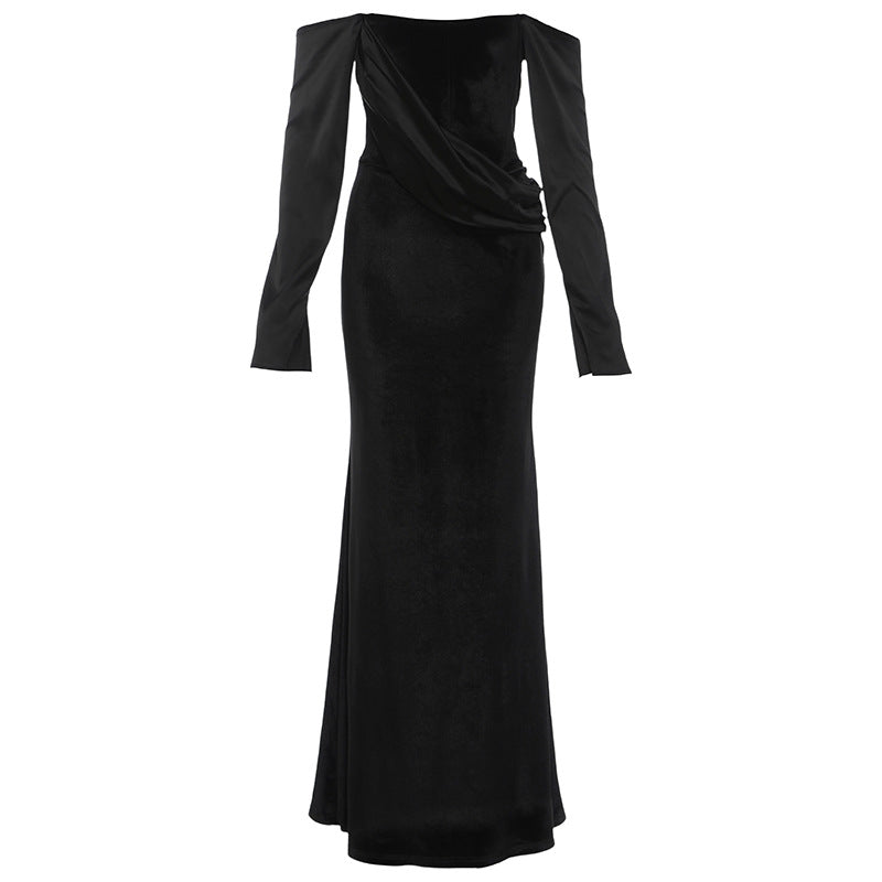 Off shoulder long sleeve velvet ruched maxi dress