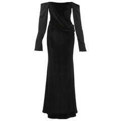 Off shoulder long sleeve velvet ruched maxi dress
