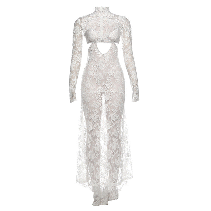 High neck long sleeve hollow out lace see through cut out maxi dress