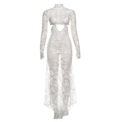 High neck long sleeve hollow out lace see through cut out maxi dress