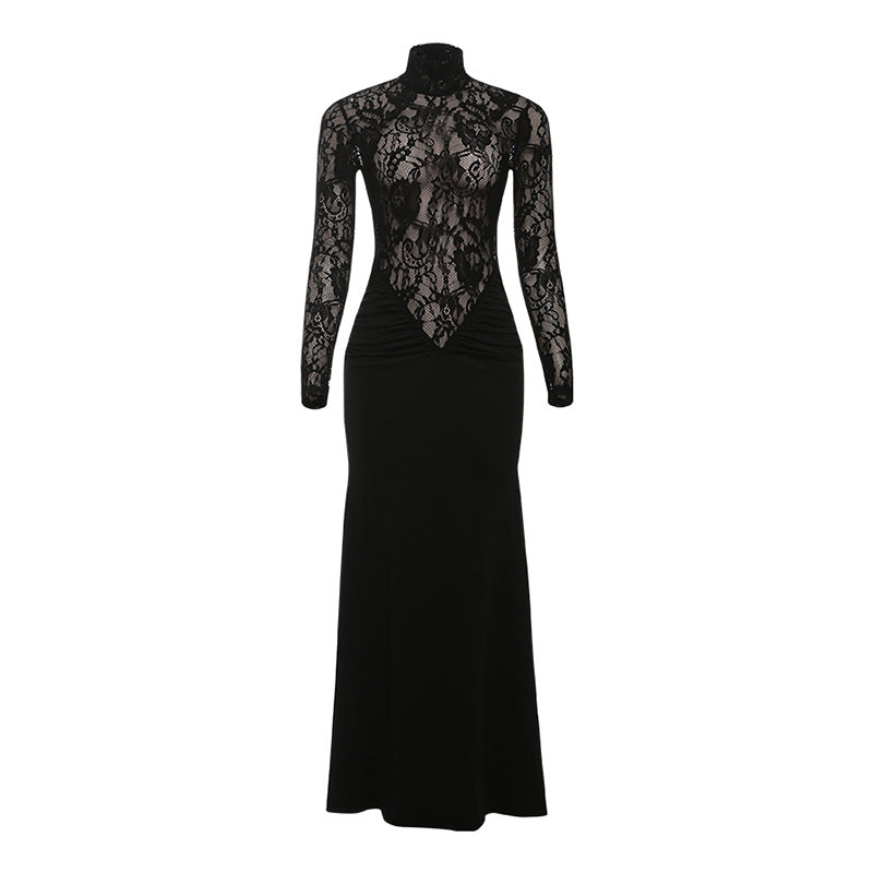 High neck long sleeve zip-up ruched maxi dress