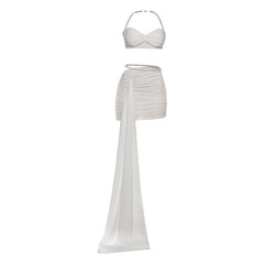 Halter beaded ruched mesh mini dress