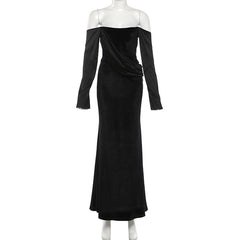 Off shoulder long sleeve velvet ruched maxi dress