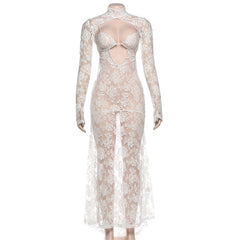 High neck long sleeve hollow out lace see through cut out maxi dress