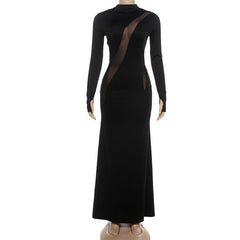 High neck long sleeve mesh patchwork maxi dress