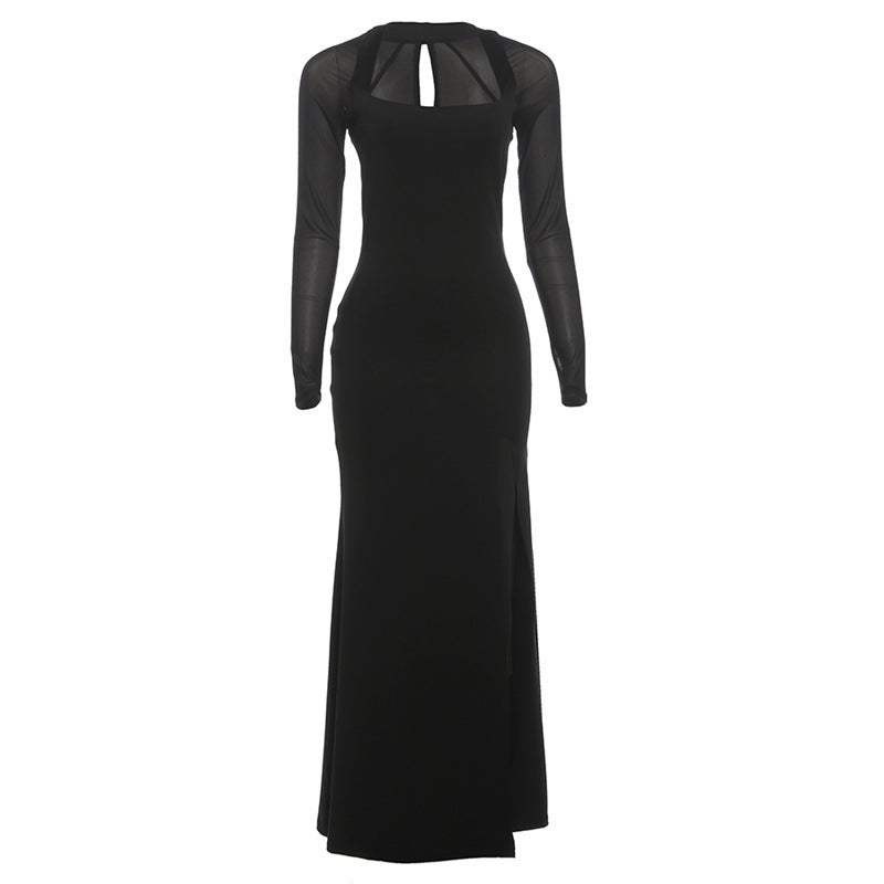 Long sleeve hollow out mesh high slit cut out maxi dress