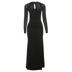 Long sleeve hollow out mesh high slit cut out maxi dress