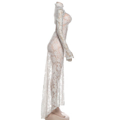 High neck long sleeve hollow out lace see through cut out maxi dress