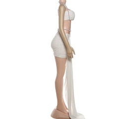 Halter beaded ruched mesh mini dress