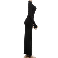 High neck long sleeve mesh patchwork maxi dress