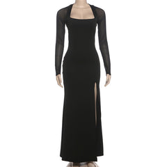 Long sleeve hollow out mesh high slit cut out maxi dress