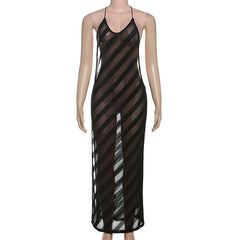 V neck mesh high slit see through backless maxi dress