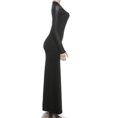 Long sleeve hollow out mesh high slit cut out maxi dress