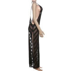 V neck mesh high slit see through backless maxi dress