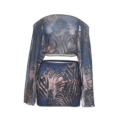 Mesh long sleeve off shoulder print mini skirt set