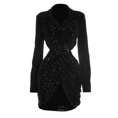 Glitter long sleeve v neck hollow out cut out mini dress