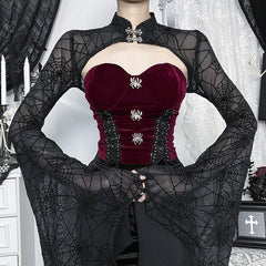 Long flared sleeve mesh button solid top