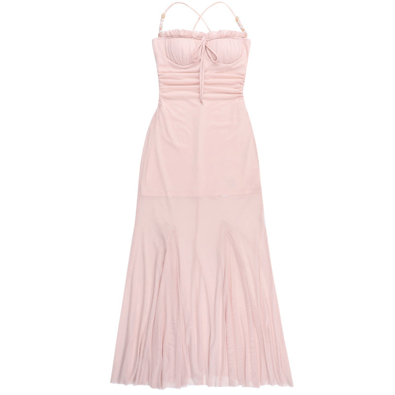 Mesh ruffle beaded ruched cami maxi dress