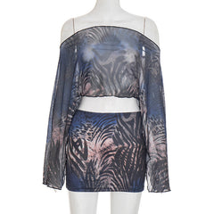 Mesh long sleeve off shoulder print mini skirt set