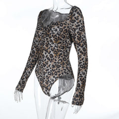 Leopard print long sleeve v neck button bodysuit