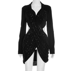 Glitter long sleeve v neck hollow out cut out mini dress