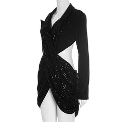 Glitter long sleeve v neck hollow out cut out mini dress