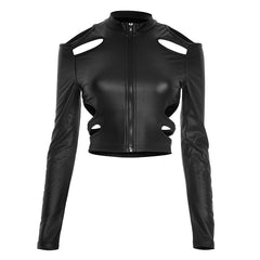 Hollow out zip-up crewneck long sleeve cut out top
