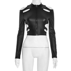 Hollow out zip-up crewneck long sleeve cut out top